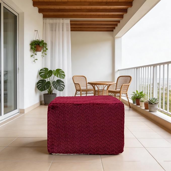 Furry Square Pouf Ottoman – 20"x14" One-Piece Seamless Integral Foam Foot Stool Ottoman Foot Rest Living Room Bedroom Under Desk (Redwine)
