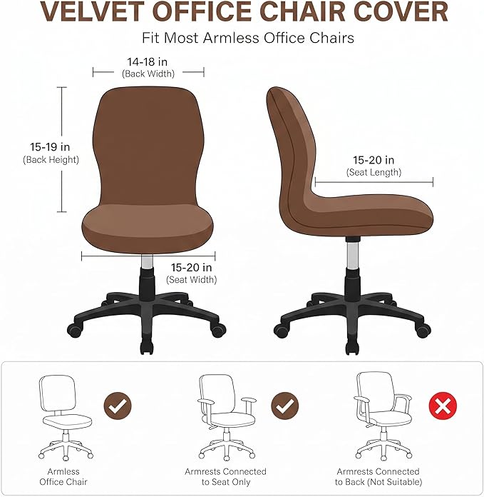 Deisy Dee Velvet Stretch Armless Office Chair Covers - Colorful Stretch Slipcover for Desk Chairs (Coffee)