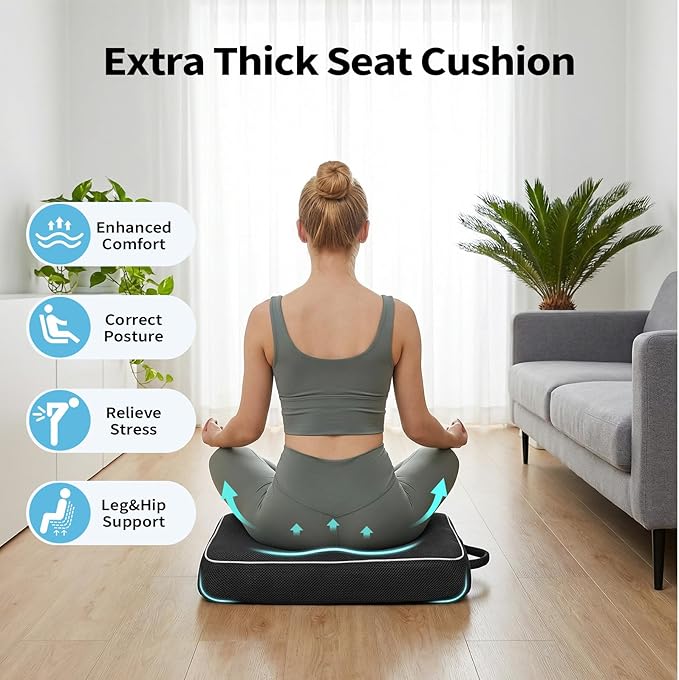 Seat Cushion for Tailbone Pain Relief, Office Chair Cushion, Memory Foam Large Chair Cushion with Non-Slip Cover for Soft Support at Office Chair, Car Seat, Airplane 3.3"-Black