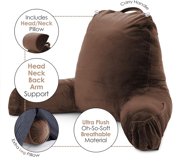 Clara Clark Reading Pillow with Shredded Memory Foam Includes 2 Neck and Lumber Support Pillows, Designed for Sitting Up in Bed and Couch, Back and Arms Adjustable Support for Adults, Chocolate Brown