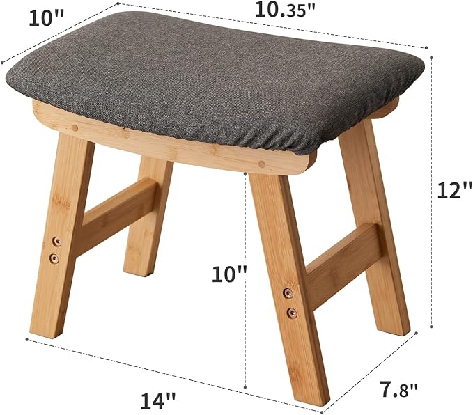 Kitsanery Foot Stool,Ottoman,Bamboo Small Sofa Foot Rest Under Desk,Extra Seating for Living Room, Bedroom and Kitchen (Natural Stool Legs - Gray Surface)