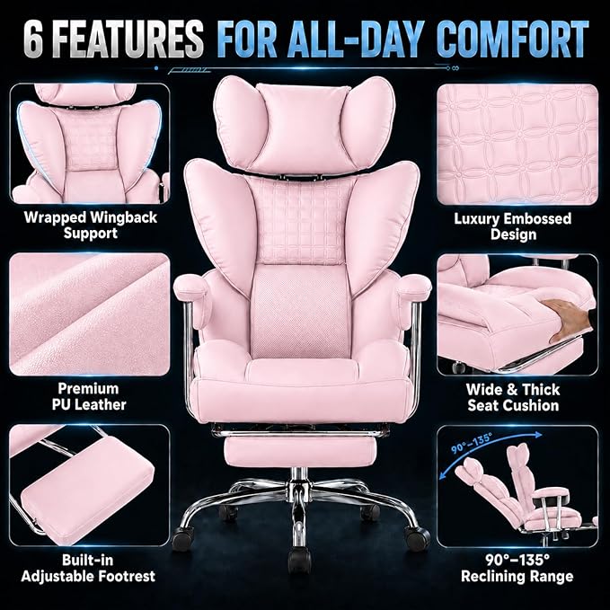 Big and Tall Office Chair 350 LBS, Scratch-Resistant PU Leather Executive Office Desk Chair with Footrest, Ergonomic Reclining Computer Chair with Pocket Spring Support for Home Office, Pink