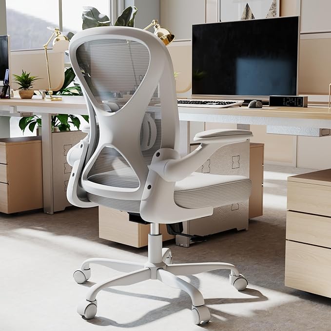 Ergonomic Mesh Office Chair, Computer Chair with Flip-Up Armrests, Adjustable Lumbar Support, Height Adjustable, Smooth Casters, and 360° Swivel, Grey