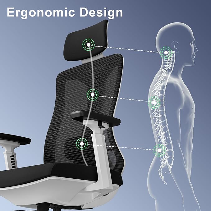 Logicfox Ergonomic Mesh Office Chair, Computer Desk Chair with 3D Armrests, Adjustable Lumbar Cushion and Adjustable Headrest, White High Back Home Office Chair with Tilt Function, Computer Chair