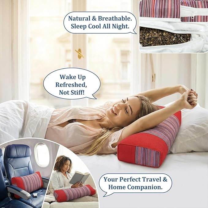 Adjustable Organic Buckwheat Pillow for Neck Pain Relief - Natural Cooling Cervical Support Bed Pillow for Side & Back Sleepers with Night Sweats (21x8x4 Red)