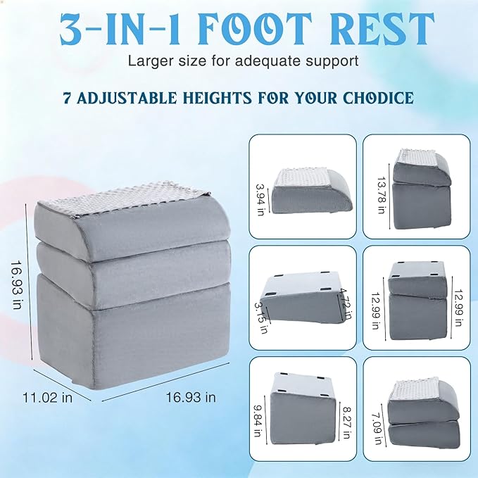 Novabright Foot Rest Under Desk, 3 Height Adjustable Ergonomic Foot Stool with Gel Textured Top and Cozy Pocket, Non-Slip Foam Footrest for Office Home Car(17" X 11" X 17",Cambered,Gray)