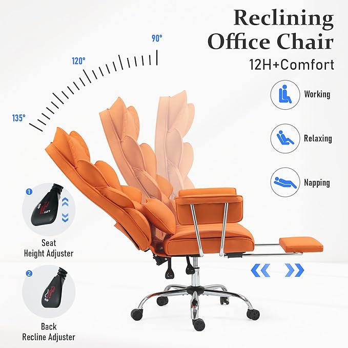 DYHOME 500 Lbs Kneading Massage Office Chair with Foot Rest, Ergonomic Reclining Home Computer Chair, High Back Thick Cushion Big & Tall Office Chair, Comfy Leather Heavy Duty Executive Chair, Orange