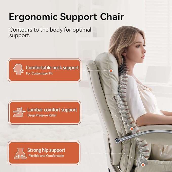LEAGOO Office Chair with Footrest 155° Reclining Ergonomic High Back Desk Chair PU Leather Executive Computer Chair with Lumbar Support & Adjustable Arms Swivel Task Chair for Home Office, Cream White