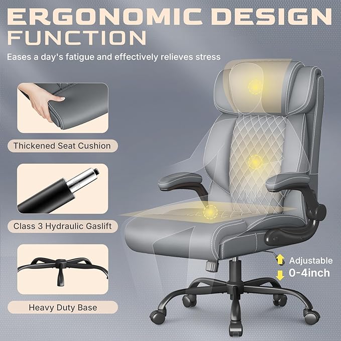 Office Chair-Executive High Back Breathable Comfy Desk Chair with Flip-up Armrests Lumbar Support-Ergonomic Leather Rolling Swivel Chair with Rock Function for Working,2 Pack