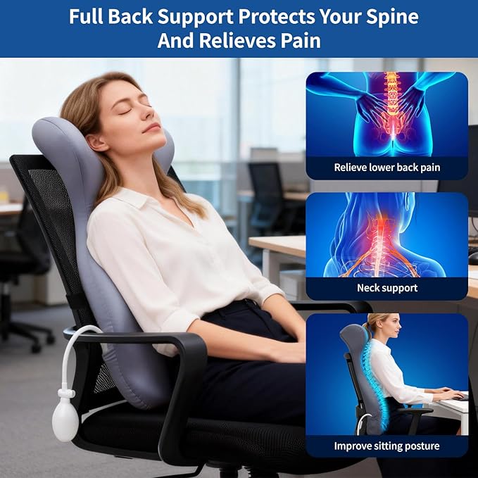 27.7'' Adjustable Inflatable High Lumbar Support Pillow for Office Chair, Full Back Support Pillow for Lower Back Pain Relief, Memory Foam Lumbar Cushion for Gaming Chair, Sofa, Improves Posture