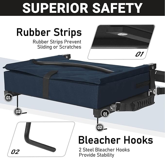 Sheenive Stadium Seats for Bleachers with Back Support, Bleacher Seats with Backs and Cushion Wide, Padded Portable Folding Comfort Stadium Chair with Shoulder Strap,Perfect for Sport Events Navy Blue