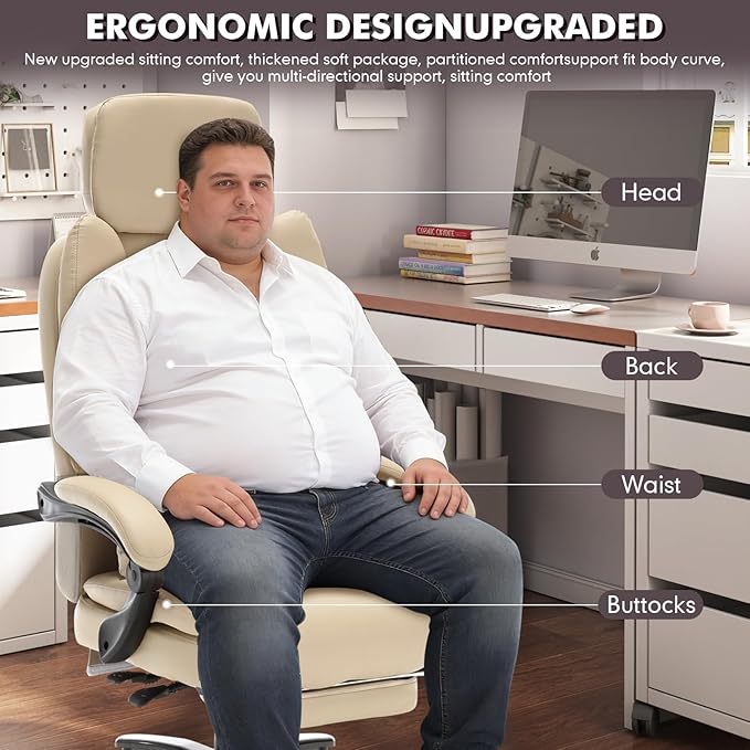 500lbs Plus Size Office Chair with Lumbar Support, PU Leather Big and Tall Heavy Duty Reclining Office Desk Chair with Foot Rest,Beige