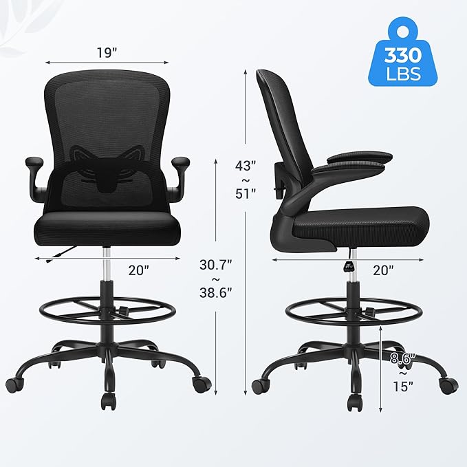 Devoko Ergonomic Drafting Chair with Flip-up Armrests,Executive Tall Office Chair Standing Chair with Lumbar Support and Adjustable Footrest Ring for Standing Desk(Black)