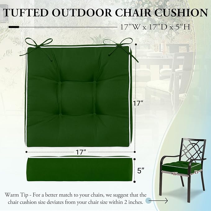 Wellsin Outdoor Chair Cushions Set of 2, Patio Cushions for Outdoor Furniture, Tufted Waterproof Outdoor Chair Pads, 17 x 17 Inch, Forest Green