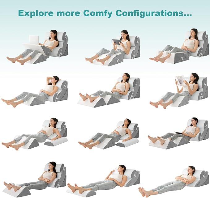 Hansleep Bed Wedge Pillow Set for After Surgery 6PCS, Post Surgery Pillow for Sleep Apnea and Acid Reflux Relief, Adjustable Reading Pillows Back Support with Memory Foam, White, 23"