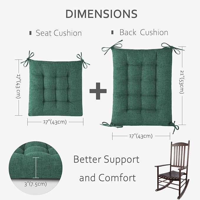 ELFJOY Rocking Chair Cushion Large Rocking Chair Pads with Ties Premium Linen High Back and Seat Cushion 2 Piece Set Linen Green