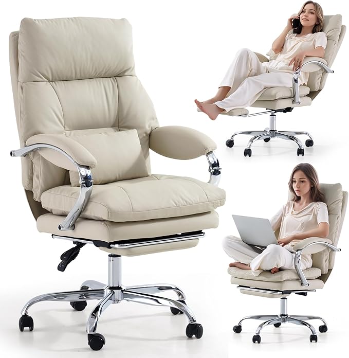LEAGOO Office Chair with Footrest 155° Reclining Ergonomic High Back Desk Chair PU Leather Executive Computer Chair with Lumbar Support & Adjustable Arms Swivel Task Chair for Home Office, Cream White