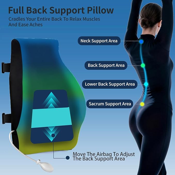 Adjustable Airbag Lumbar Support Pillow for Office Chair - Memory Foam Adjustable Firmness Back Cushion Relieves Upper/Lower Back Pain for Sitting Long Hours, Home Office Desk Chair Car/Truck Seat