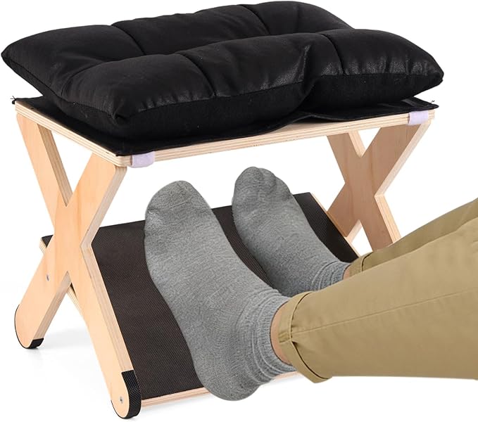 Foot Rest for Under Desk, Ergonomic Foot Stool Non-Slip Wooden Leg Rest Support with Comfortable Cushion for Office Desk at Work Home Use Enhances Posture
