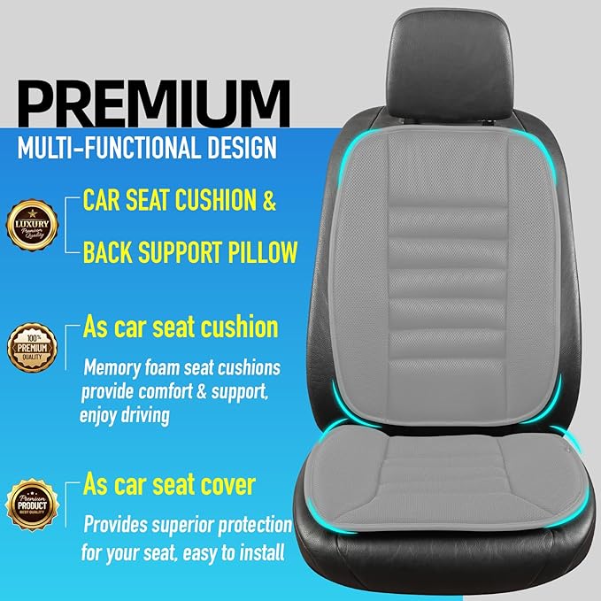 Lofty Aim Car Seat Cushion with Back Support Pillow, Comfy Lumbar Support & Seat Cushion, Memory Foam Driving Pillow for Back-Sciatica Pain Relief, Auto Pad Suitable for Car, Truck, SUV - 4D Mesh Grey