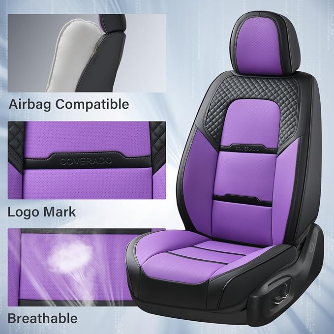 Coverado Car Seat Covers Front Seats, 2 Piece Car Seat Protector with Removable Headrest, Nappa Leather Breathable Front Side All Wrapped Universal Fit Truck Automotive Most Cars Purple