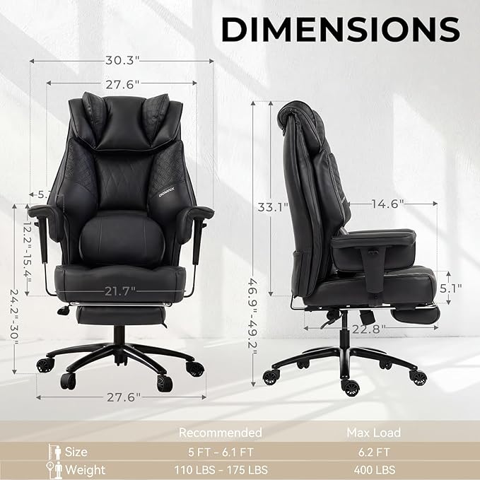 Dowinx Big and Tall Office Chair with Massage Lumbar Support,Executive Office Chair with Wide Thick Seat Cushion and Adjustable Armrest,Computer Gaming Chairs with Footrest (PU-Black)