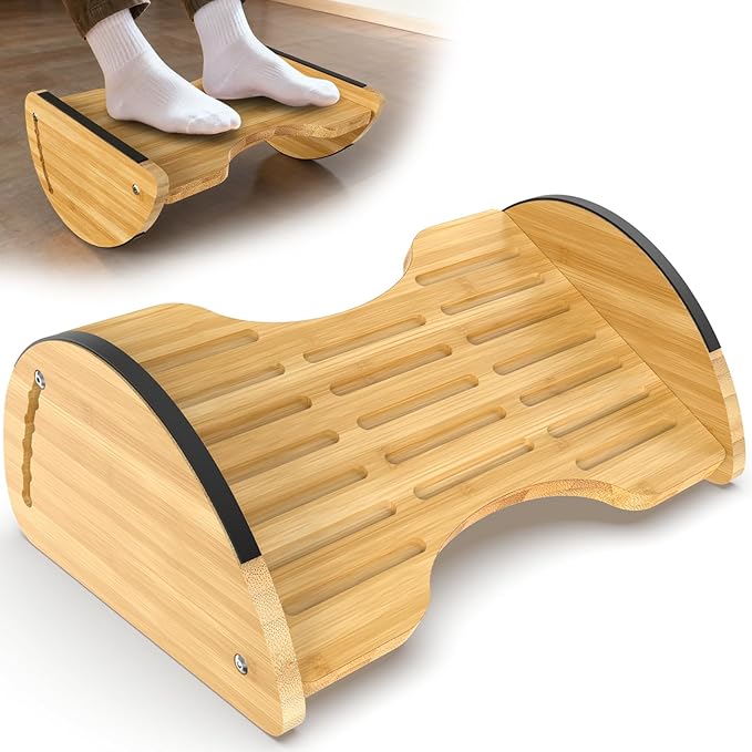 Bamboo Foot Rest Under Desk 3-in-1 + Bamboo Rocking Under Desk Footrest 2-in-1 with 6 Adjustable Heights for Home, Office and Gaming, 2 Pack
