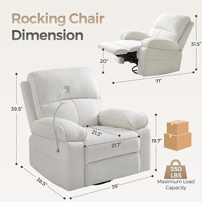 YuuYee Teddy Fleece 360° Swivel Rocker Recliner Nursery Rocking Chairs with Phone Holder Manual Gilder Recliner Chair with Wide Foot Rest for Living Room and Baby Room