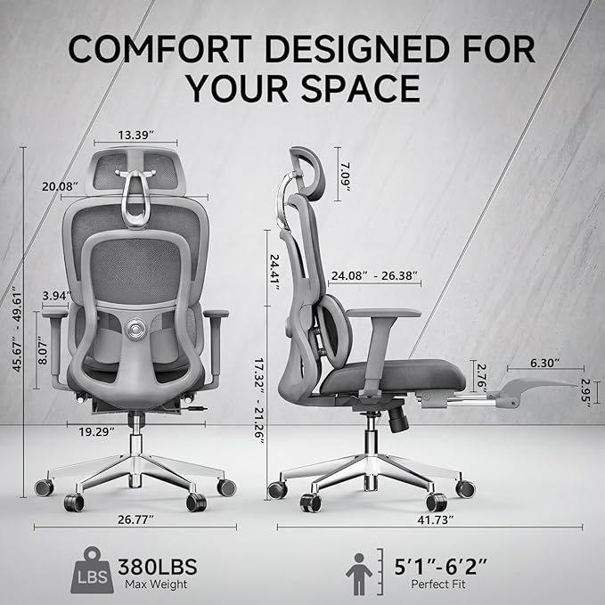 Ergonomic Office Chair with Footrest, 4D Armrests & Dynamic Lumbar Support, High Back Mesh Desk Chair with Adjustable Headrest, Reclining Computer Chair 380lbs for Long Hours (Grey)