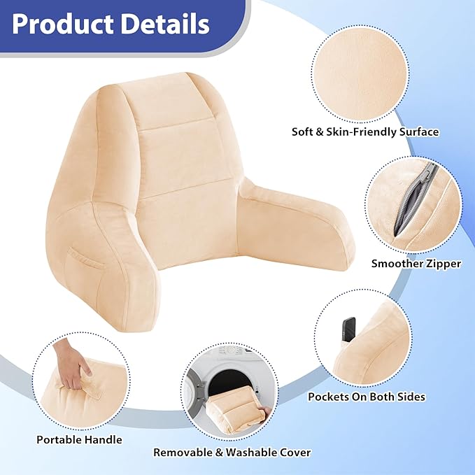 IASEAHK Reading Pillows for Sitting in Bed Adult, Back Pillow for Bed Sitting Up, Backrest Pillows with Shredded Foam for Adult&Teens, Support Pillow with Arms for Beds, Couch, Floor, 24in, Beige
