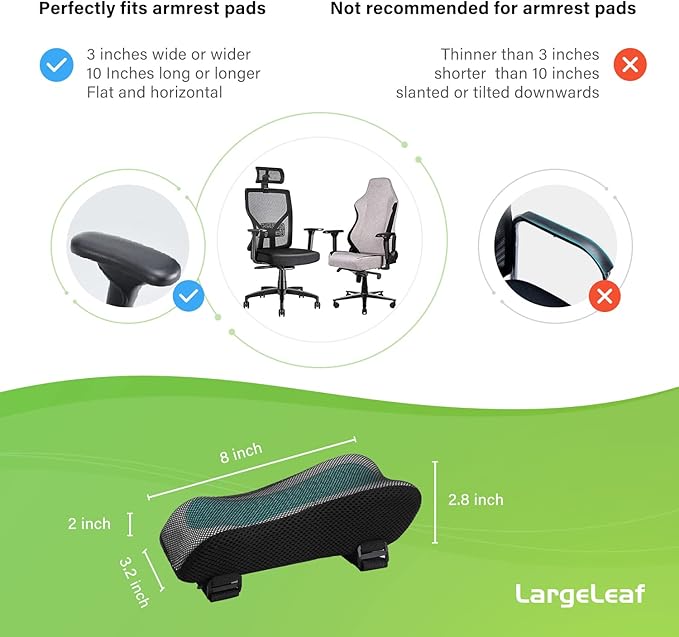 LargeLeaf Chair Ergonomic Armrest Cooling Gel Pads Elbow Pillow Pressure Relief Office Chair Gaming Chair armrest with Memory Foam armrest Pads 2-Piece Set of Chair (Gel+ Memory Foam)