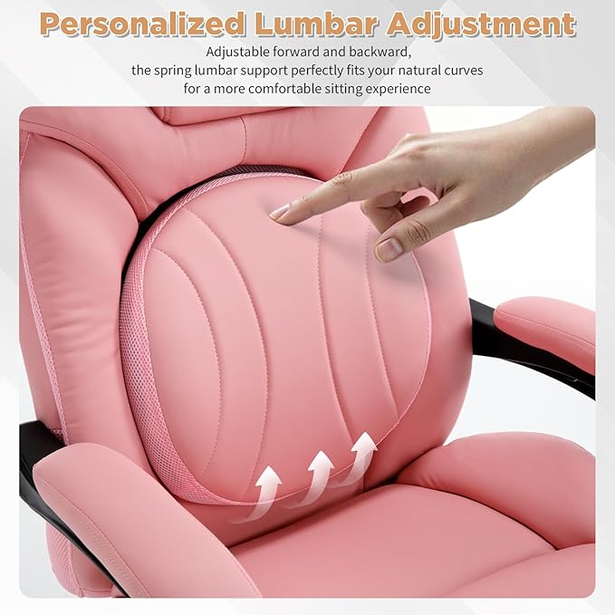 Comfy Reclining Office Chair with Footrest for Women Wide Seat Big Tall Computer Gaming Chair, 500lb Plus Size Ergonomic Recliner Office Desk Chair with Leg Rest, Pink