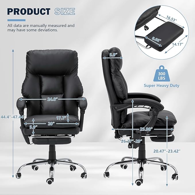 HOMREST Ergonomic Office Chair with 6-Point Massage & Heating,Adjustable Executive Desk Chairs,Retractable Footrest,Dual-Layer Soft Cushion,PU Leather Black