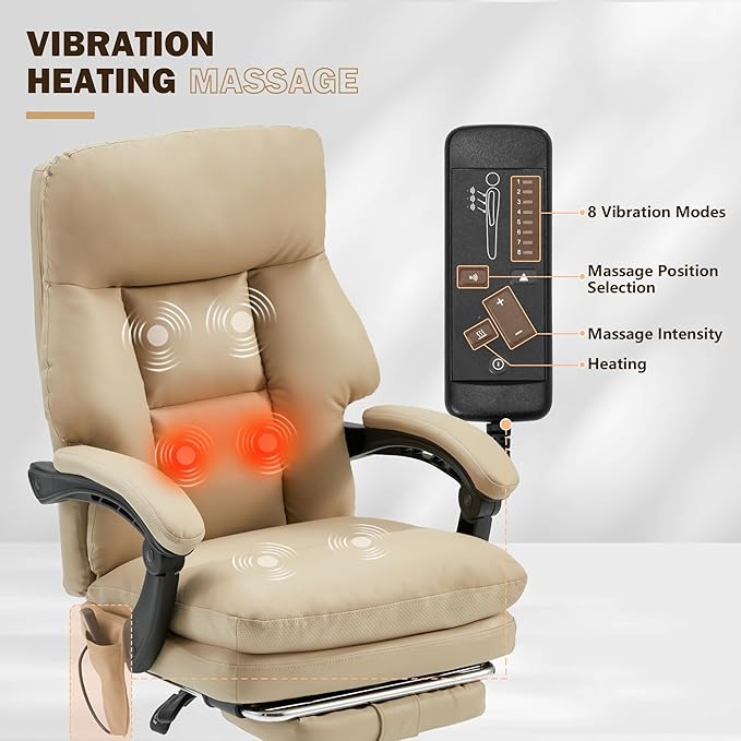 HOMREST Ergonomic Office Chair with 6-Point Massage & Heating, Adjustable Executive Desk Chairs, Retractable Footrest, Dual-Layer Soft Cushion, PU Leather, Khaki