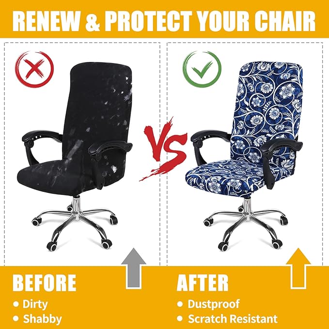 Smiry Stretch Printed Office Computer Chair Covers, Universal Desk Rotating Chair Slipcovers Removable Washable, Soft Fit Anti-Dust Spandex Protector Cover with Zipper, Navy Blue