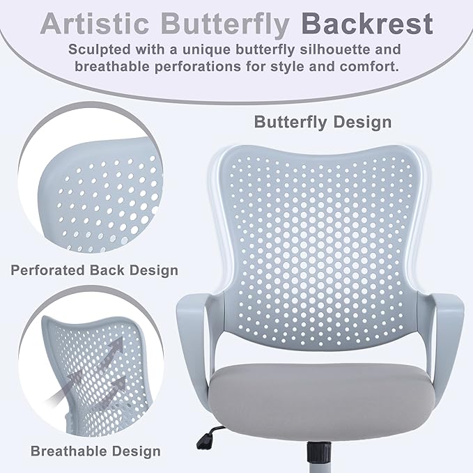 Ergonomic Office Chair, Breathable Mesh Computer Desk Chair with Armrests, Rolling Swivel Task Chair, Butterfly Back Design for Home Office, Adults and Teens (Gray)