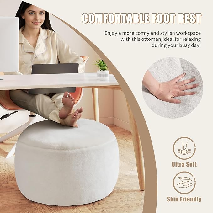 Gericco Round Pouf Ottoman Foot Rest, 29 X 18Inch Floor Poufs Footstool, A Round Modern Foam Filled Foot Stool for Living Room, Home, Nursery, Dorm (White, 29Inch)