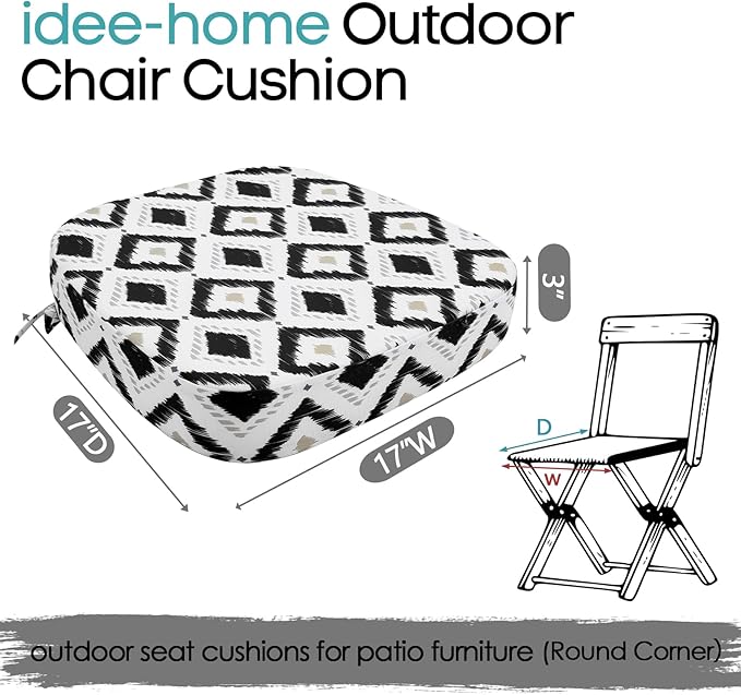 idee-home Outdoor Chair Cushions Set of 4, 17" x 17" x 3" Thick D-Shaped Patio Furniture Outdoor Seat Cushions Waterproof with Ties, Dining Pads