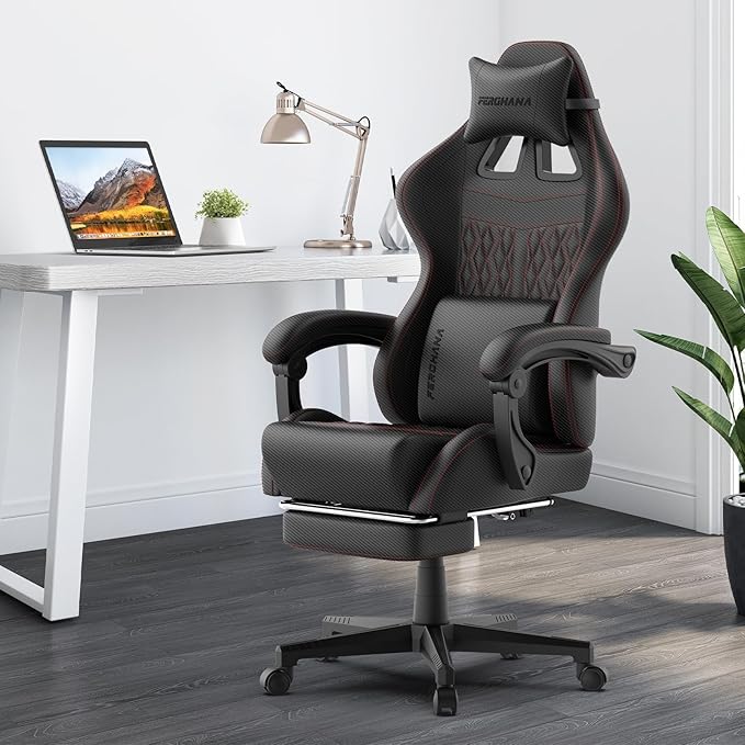 Ferghana Vintage PU Leather Gaming Chair, Ergonomic Gamer Chair with Massage, High Back Computer Office Chair with Footrest for Adults, Racing Style Reclining Video Game Chair (Black)