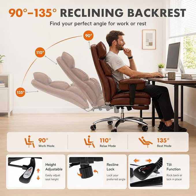 Big and Tall Ergonomic Office Chair with Footrest, Executive High Back PU Leather Desk Chair, Reclining Computer Chair with Adjustable Lumbar Support and Armrests, Swivel Rolling Gaming Chair, Brown