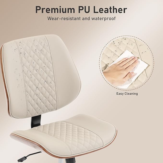 DYHOME Modern Walnut Home Office Chair with Wheels, Executive Office Desk Chair No Arms, Adjustable Height Small Desk Chair, Comfy PU, Deeper Cushion, Mid Back 360 Swivel Computer Chair, Beige