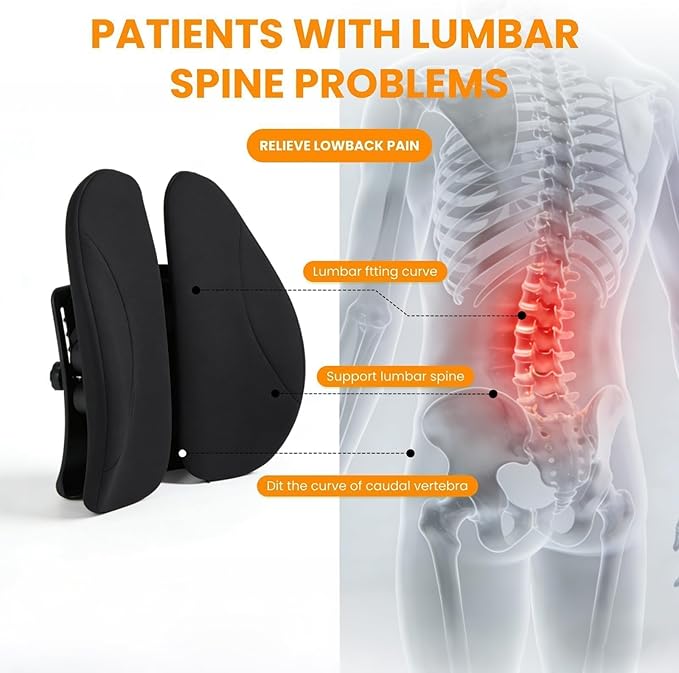 Ergonomic Back Support for Office Chair - Lumbar Pillow for Posture Correction and Lower Back Rest, Adjustable Height, Back Cushion Pad with Straps for Home, Office, Car, Black