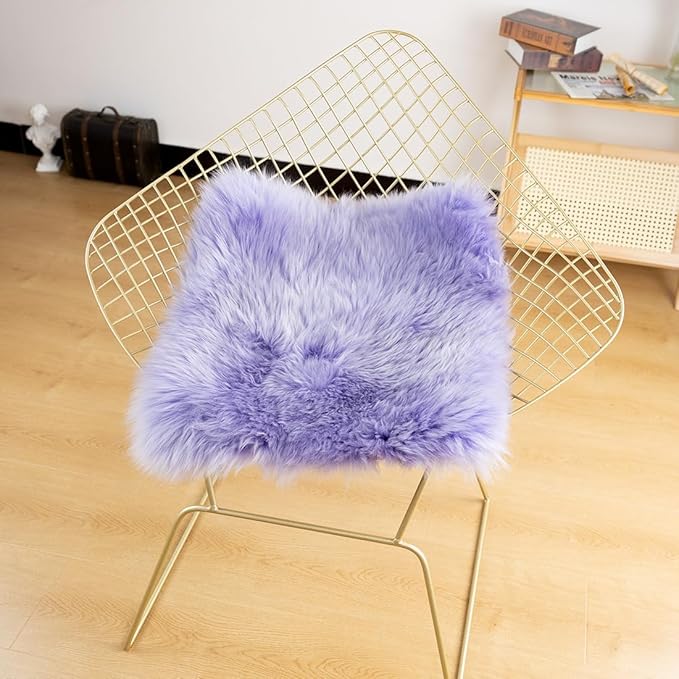 LLB Sheepskin Chair Cover - Office Cushion, Dining Room Pad, Desk Seat for Computer, Fur Area Rug for Living Room, 18x18 Inch (Pack of 1), Taro Purple