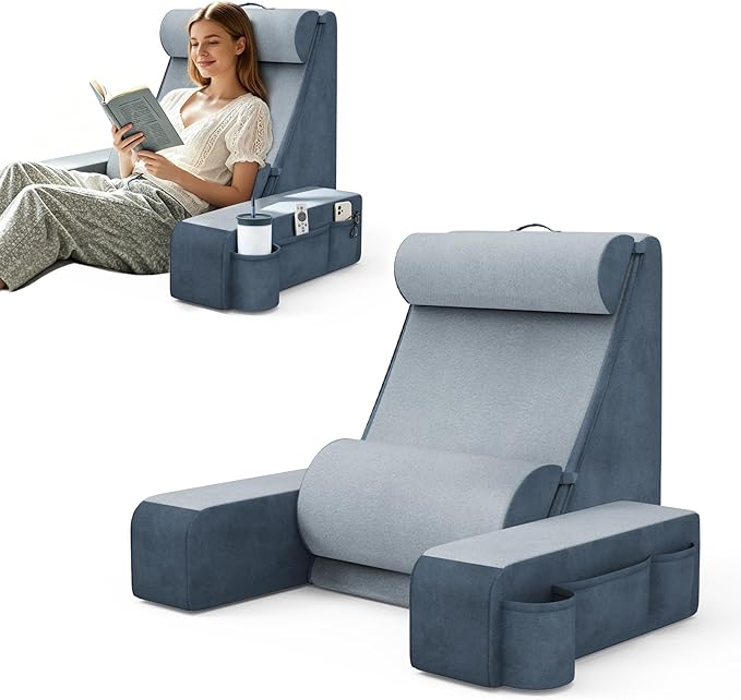 Reading Pillow, Back Pillow for Bed with Adjustable Headrest & Independent Lumbar Support, Detachable Armrest Sit Up Pillow for Bed, Dual Side Storage Pockets for Reading Gaming Nursing Sofa and Dorm
