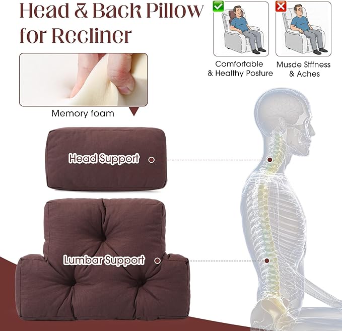 Novabright 2 Pcs Recliner Headrest Back Pillows for Back Support Pillow for Couch with Adjustable Recliners Pillow for Headrest for Chairs Sofa Couch and Bed(Brown)