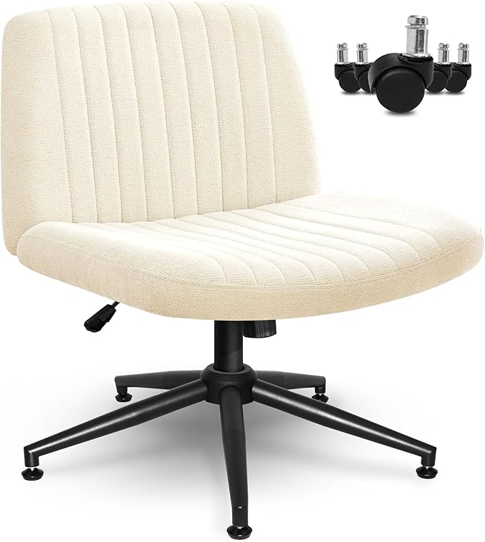 NEO CHAIR Criss Cross Chair with Wheels Armless Cross Legged Office Desk Wide Comfy Vanity Makeup Chair Adjustable Swivel Rolling Computer for Home Office Fabric (Beige)
