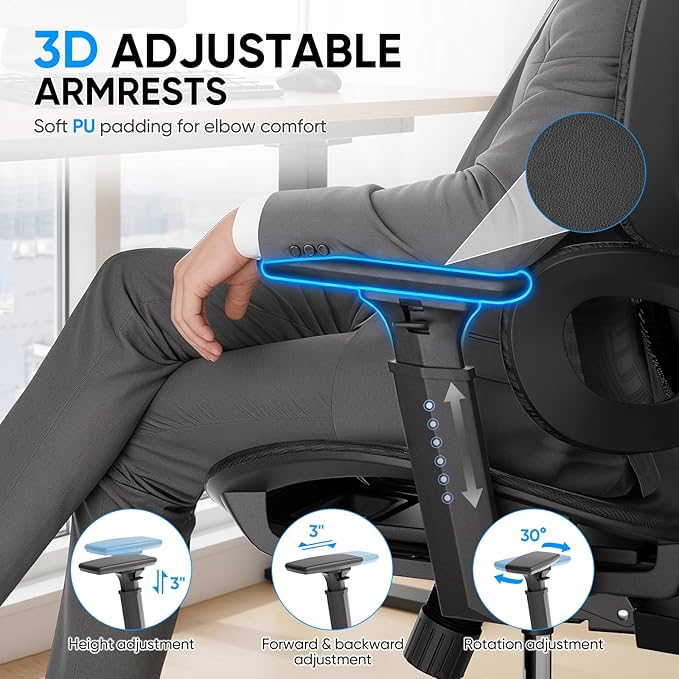 MoNiBloom Ergonomic Office Chair, High Back Mesh Desk Chair with Adjustable Headrest & 3D Armrests, Lumbar Support, 90–145° Recline, Height Adjustable Swivel Rolling Computer Chair for Office, Black