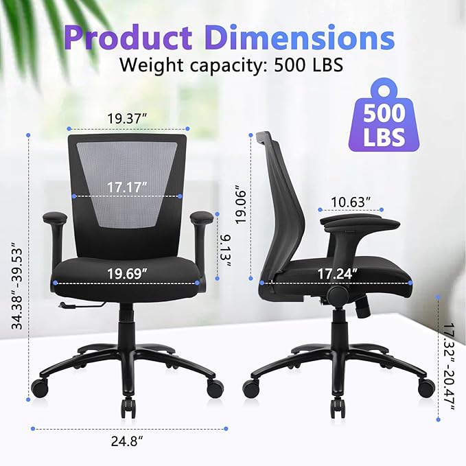 CLATINA Big and Tall Office Chair Heavy Duty Ergonomic Desk Chair 500lbs with Flip-up Arms & Wide Thick Seat Cushion Home Executive Swivel Mesh Chair for Study, Conference, Black, 4 PK