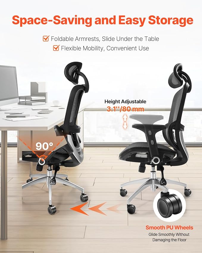 VEVOR Ergonomic Office Chair, High Back Home Desk Chair with Adjustable Headrest, Flip-Up Arms, 90-130° Tilt Lock & Wide Backrest, Lumbar Support, Computer Mesh Chairs for Man Woman, Black Task Chair