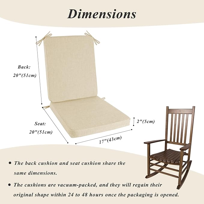Rocking Chair Cushion Set with Machine Washable Cover Non-Slip Rocking Chair Cushions Indoor Seat and Back Pads with Ties 1 Pack, 2 Piece Set, 20"x 17"x 2" (Ivory)